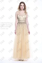 FM Neues Design Bodenlangen Schatz Sleeveless Bördelndes Crepe Champagner Sexy See-through Zurück Langes Abendkleid Nach Maß