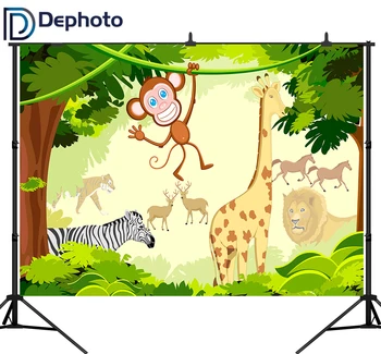 

DePhoto Safari Birthday Party Jungle Animals Baby Cartoon Poster Photo Backdrops Photographic Backgrounds Photocall Photo Studio