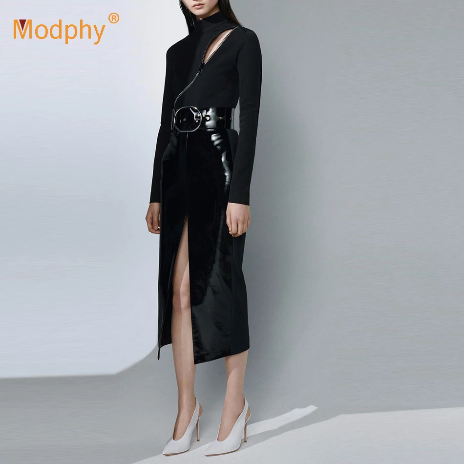 

New sexy black ladies suit long sleeve Bodycon jumpsuit & leather pencil skirt belt two-piece ladies office party women's suit