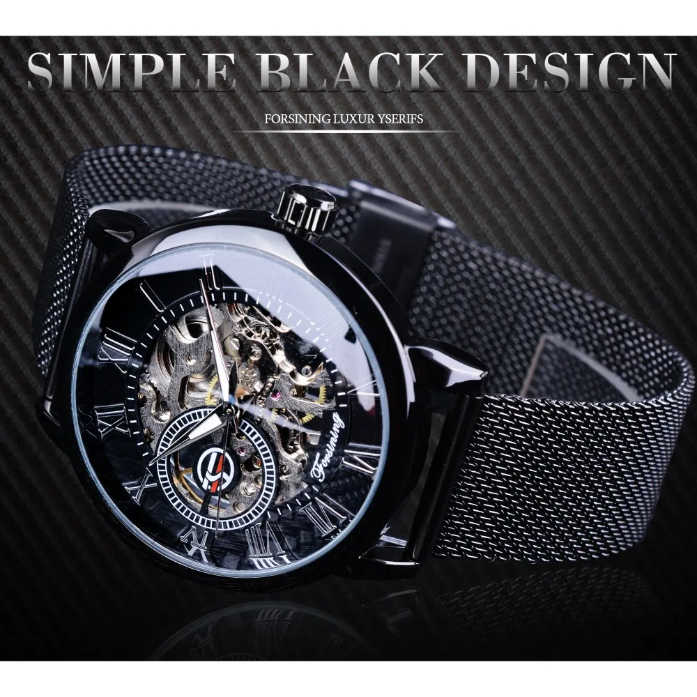 Forsining Retro Fashion Design Skeleton Sport Mechanical Watch Luminous Hands Transparent Mesh Bracelet For Men Luxury