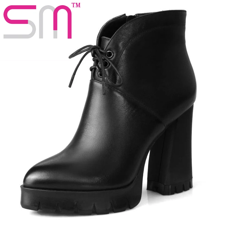 Genuine Leather Vintage Hoof High Heels Shoes Woman Ankle Boots Add Fur Autumn Winter Boots Thick
