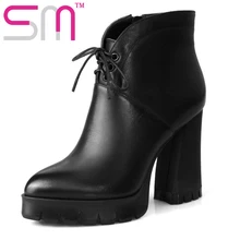 Echtes Leder Vintage Hoof High Heels Schuhe Frau Stiefeletten Add Fur Herbst Winter Stiefel Dicken Plattform Frauen Stiefel