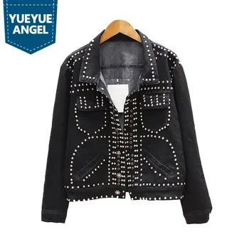 

Classic Black Hip Hop Streetwear Personalized Rivet Patchwork Casaco Feminino Long Sleeve Stage Show Women Denim Jackets Coats