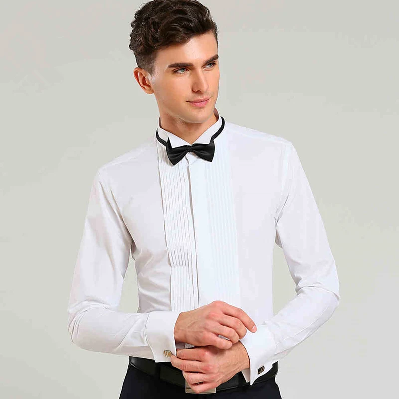 Французская запонка, однотонные мужские официальные сорочки с воротником-крылышком, мужские смокинговые рубашки, свадебные рубашки для жениха, мужской сценический костюм - Цвет: White