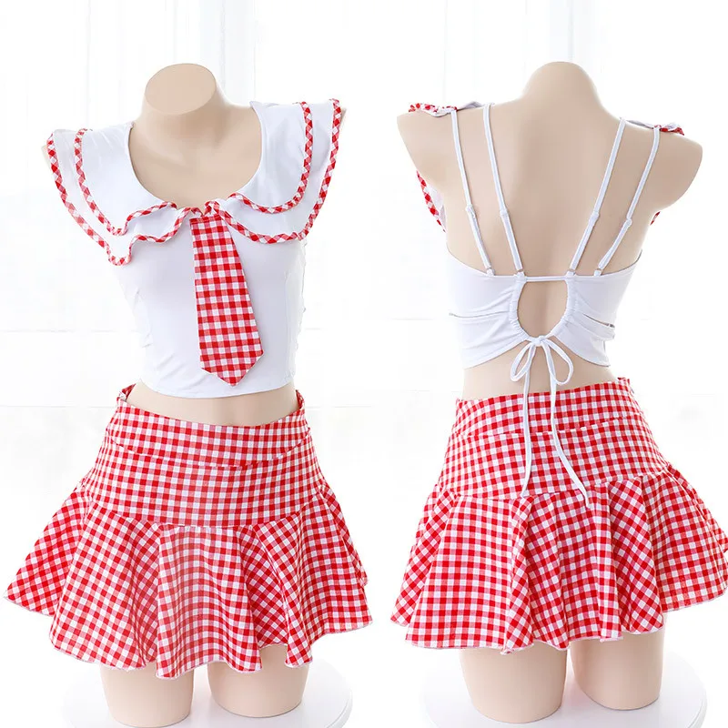 

Grid Printed Lingerie Set Ruffles Trim LOLI Kawaii Cute School Girl Uniform Outfit sexy Exotic Sets