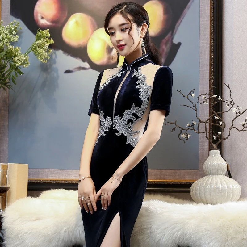 Темно-синее классическое женское бархатное сценическое шоу Cheongsam китайский стиль длинное Qipao Высокое качество элегантное вечернее платье Vestidos