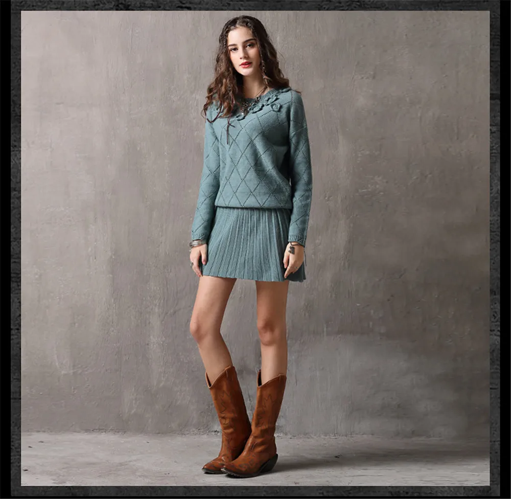 Vintage Winter Sweater Dress 2018 Cotton Wool Floral Knitting Dresses Female O-Neck Long Sleeve Pleated Sweater Dress Vestidos (12)