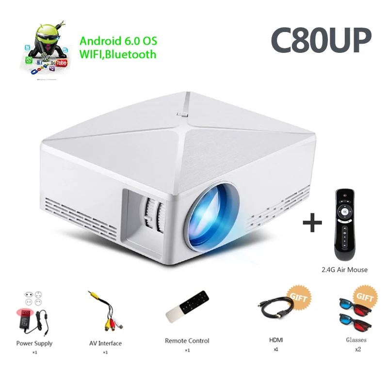 ALSTON HD MINI Projector C80/C80UP, 1280x720 Resolution, Android WIFI Proyector, LED Portable HD Beamer for Home Cinema 