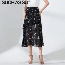 Новая шифоновая Асимметричная юбка для женщин, летняя черная зеленая юбка миди с высокой талией и рюшами, S-3XL размера плюс, узкая Женская юбка с принтом
