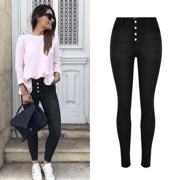 

2019 Women Black Jeans Chic High Waist Women Jeans Single Button Sexy Women Pencil Jeans Slim Skinny Denim Pants
