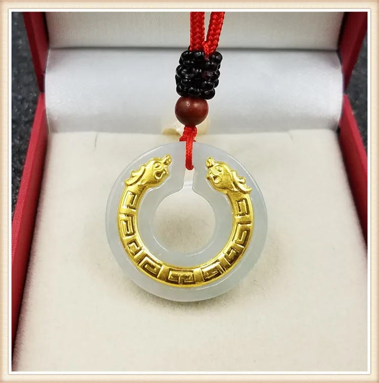 

Fine 3D 24K Yellow Gold &Hetian Jade Pendant Safety Button Women's Man With Certificate 28*28mm Jewelry