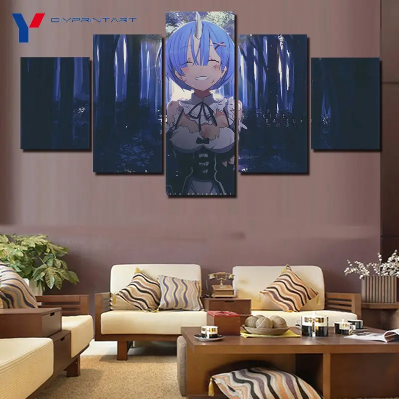 5 панелей аниме девушка Rem художественные картины на холсте Re Zero постер для