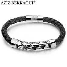 Азиз BEKKAOUI уникальный Винтажный Мужской черный кожаный браслет из нержавеющей стали Магнитная застежка мужские ювелирные изделия дропшиппинг