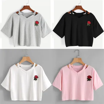 

Women Rose Short Sleeve Casual T Shirt V Neck Vest Tops harajuku tee t-shirts women mujer femme manche courte DropShip #2718