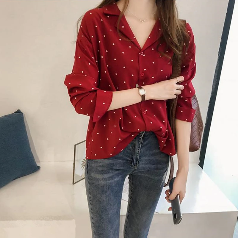 

Women's Shirt Fashion Woman Blouses 2018 Long Sleeve Shirt Women Polka Dot Shirts Casual Ladies Tops Print Blouse Plus Size 4XL