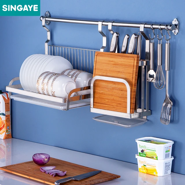 Sine 304 Stainless Steel Wall Hanging Rack Kitchen Shelf Sine 304 Stainless Steel Wall Hanging Rack Kitchen Shelf Organizer Tools Plate Spoon Storage Frame Drain