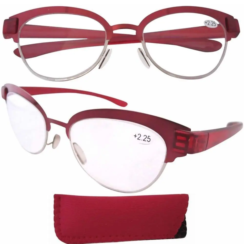 R11081 Stainelss Steel Frame Rim Plastic Arm Red Reading Glasses For