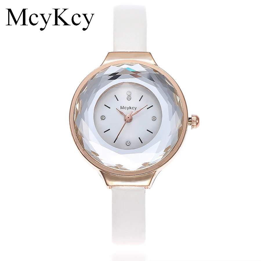 Новый mcykcy модный бренд Для женщин со стразами простые Часы популярные розового золота кожаный ремешок кварцевые часы Подарочные часы