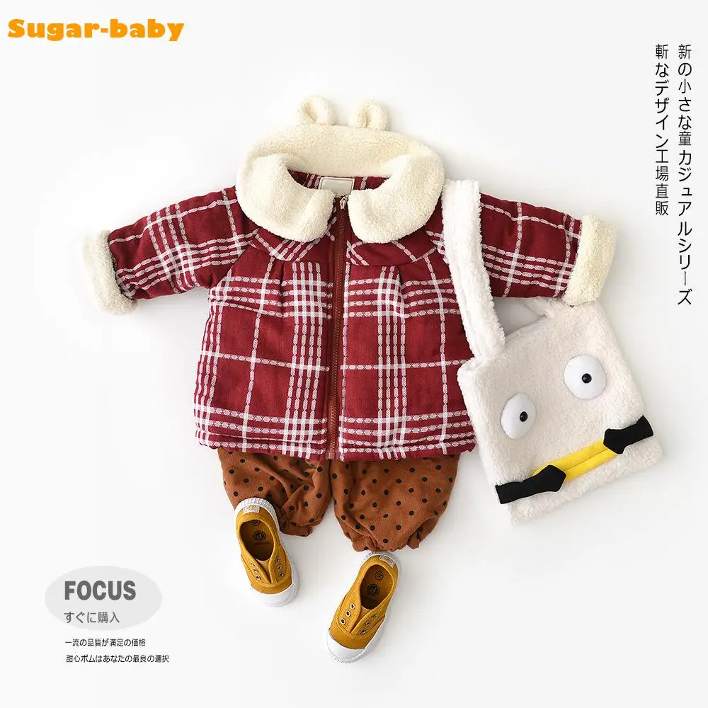 

Baby Girl Cotton Coat 2018 Winter Japan Style Plaid Turn-down Colloar Zipper Girl Warm Cotton-padded Clothes Children Coats