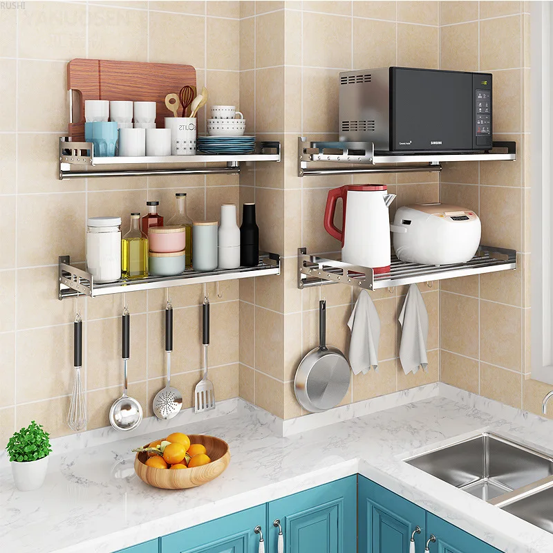  304 Stainless Steel Kitchen Rack Wall-mounted Microwave Oven Rack Wall Hanging Storage Shelf Season - 33034661574
