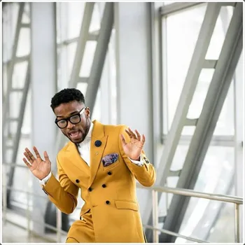 

2019 Latest Coat Pant Designs Yellow Double Breasted Men Suit Classic Blazer Masculino Party Prom Custom Made 2 Piece suits
