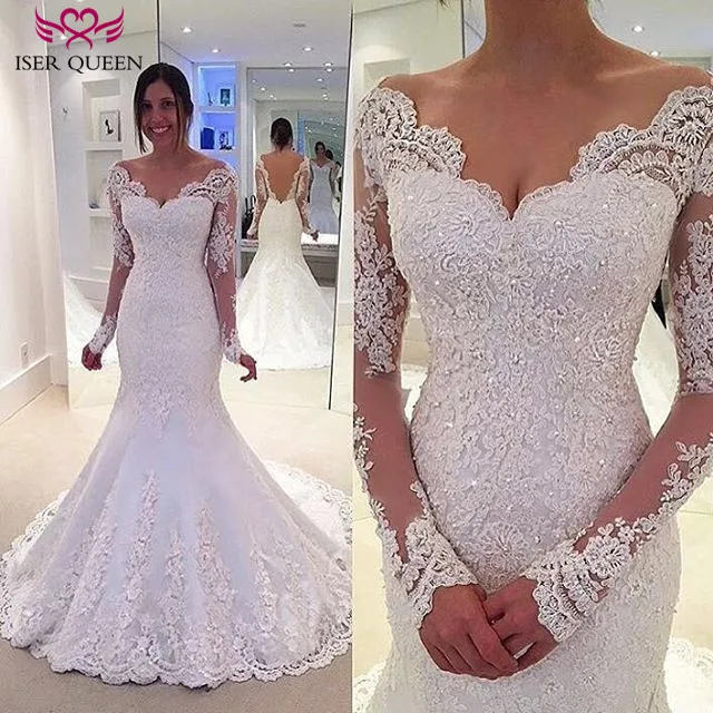 

Illusion back Lace Appliques Vintage Mermaid Wedding Dress Bridal Dresses Long sleeve beading White Wedding Dresses W0201