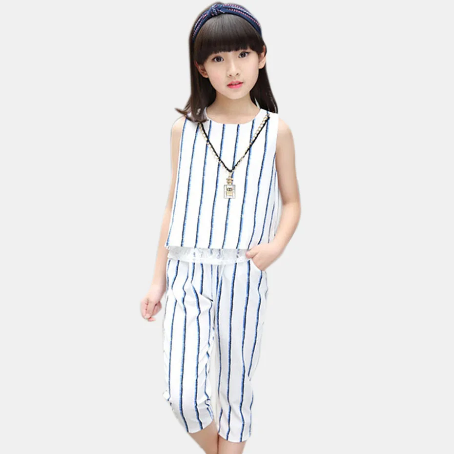 

Summer Clothing For Girls Striped Children's Set Casual Kids Clothes Suit 6 8 12 14 Years Teen Girls Clothing Vest+Pants 2 Pcs