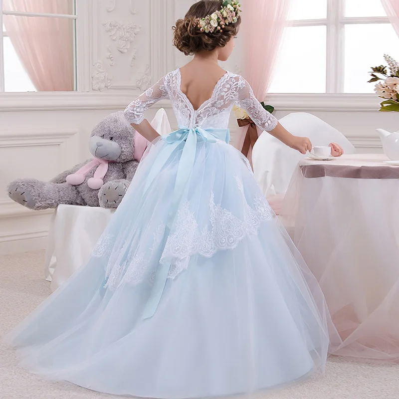 Детская одежда для свадеб для девочек 7-минуту рукавом Кружевное платье принцессы производительность день рождения со шлейфом Помпон