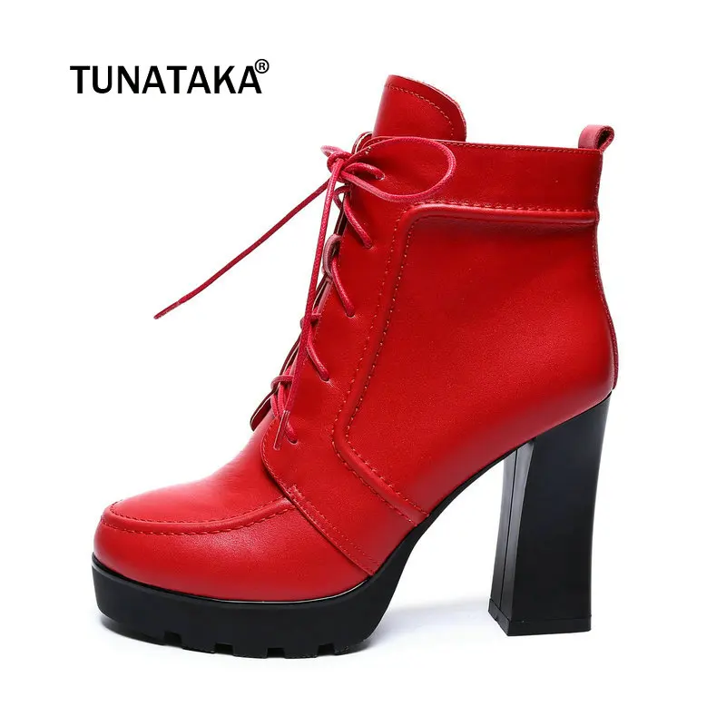 

Female Genuine Leather Lace Up Thick High Heel Ankle Boots Fashion Round Toe Zipper Winter Women Shoes Black Red