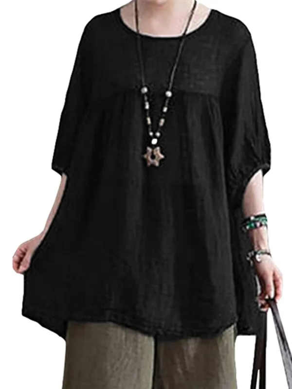 Women Solid Oversized O Neck Blouses Plus Size 2 Colors