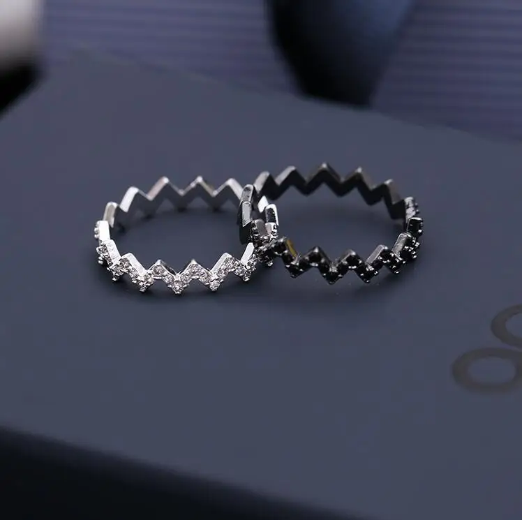 

LZX Brand Simple Ripple Styling Cute Engagement Ring White/Black Gold Color Cubic Zirconia Crystal Paved Wedding Rings For Women