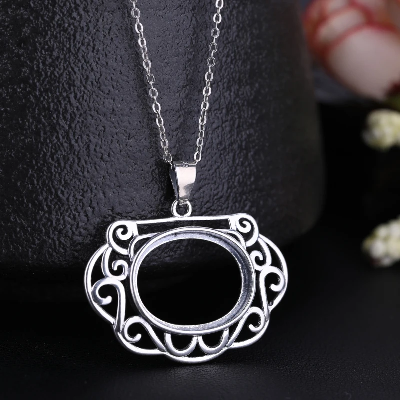 

925 Sterling Silver Vintage Pendant Art Deco 14x18mm Oval Cabochon Semi Mount Pendant Fine Jewelry Setting