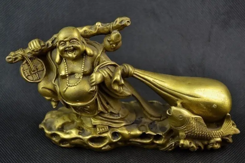 

Exquisite Chinese Old Handwork Brass Buddha Carry Bag Of Gold Coin Statue