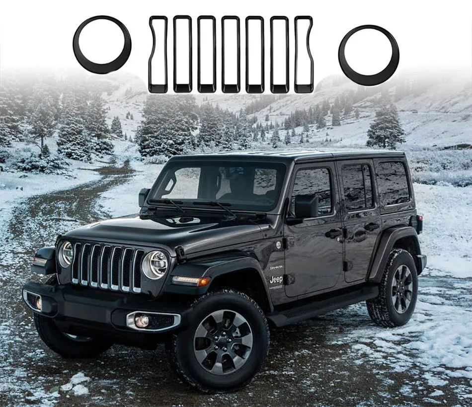 

Black Red Mesh Grille 7 Pieces Front Grid Headlight Decor Front Grid Cover Exterior Mesh For Jeep Wrangler JL 2018