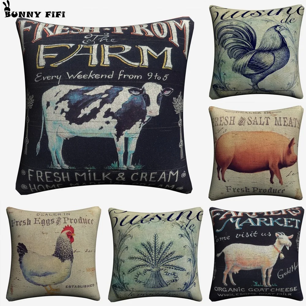 Farmhouse Kitchen Animal Burlap Decorative Cotton Linen Cushion Cover