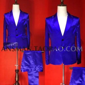 

2017 male singer DJ nightclub tide maen's GD with the same paragraph blue purple satin suits set stage performance clothes