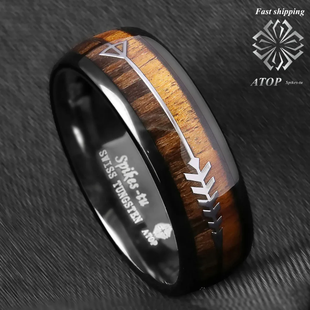 Billig 8mm Schwarz Dome Wolfram Ring 2 Stil Holz Pfeil Hochzeit Band OBEN AUF Männer Schmuck