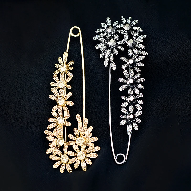 OBN Vintage Decorative Extra Large Safety Pins Black Crystal Daisy F
