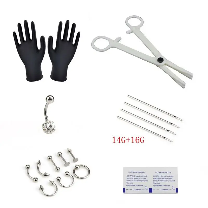 

18Pcs Piercing Kit Stainless Steel 14G 16G Belly Ring Tongue Nipple Nose Jewelry