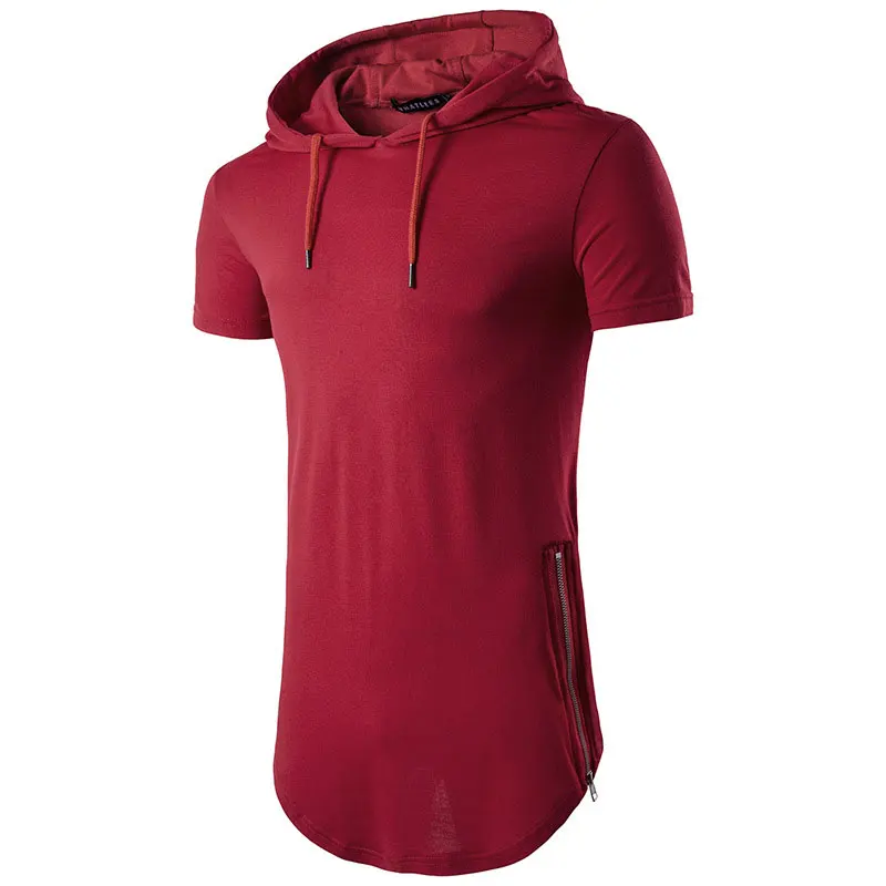 Мужская Уличная удлиненная футболка с капюшоном модная удлиненная футболка с коротким рукавом Homme Повседневная футболка в стиле хип-хоп Sider на молнии - Цвет: Red