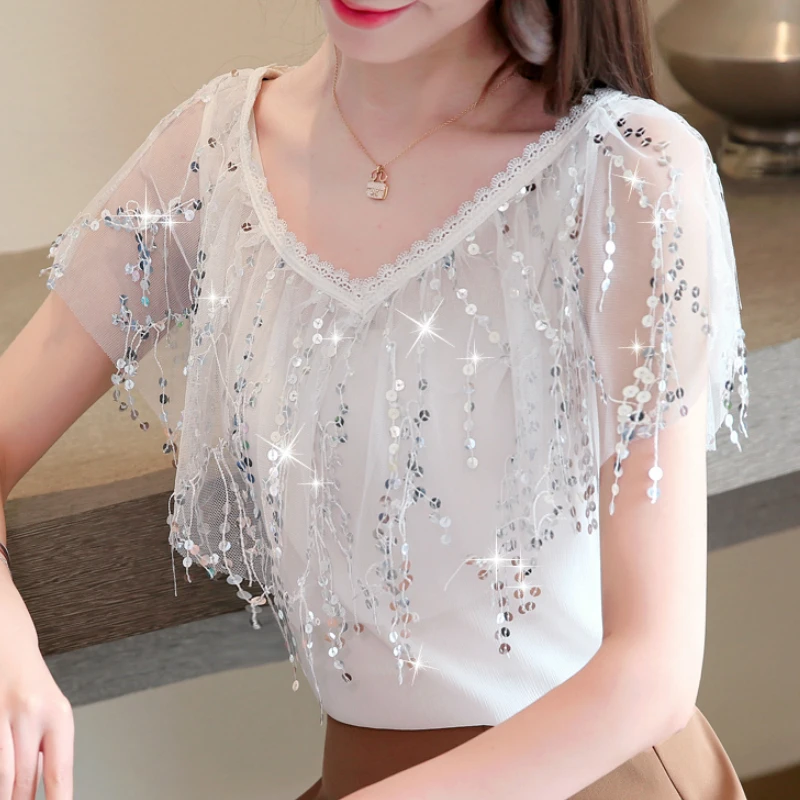 

blouses woman 2019 summer short sleeve v-neck women blouse tassel ruffles lace blouse women shirts womens tops and blouses B544