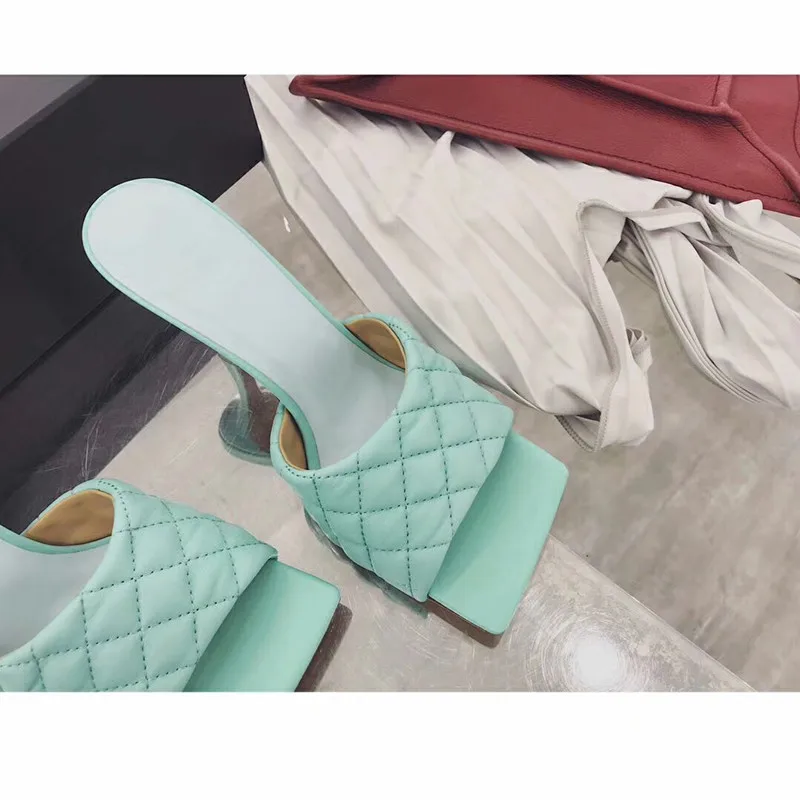 

2019 women ladies plaid genuine leather high heel slippers sandals