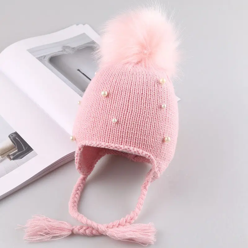 Детская шапка для маленьких мальчиков и девочек, Мягкая шерстяная шапка, вязаная шапка с бусинами и косичкой, зимняя теплая Solid1-3 лет - Цвет: Розовый