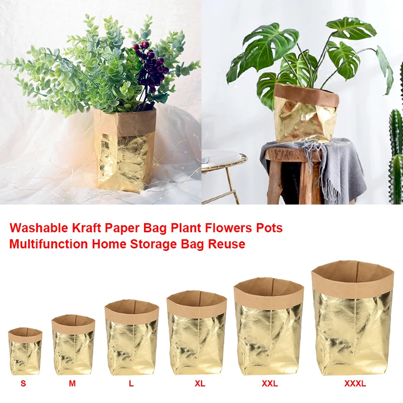 

Washable Kraft Paper Bag Plant Flowers Pots Multifunction Home Storage Bag Reuse