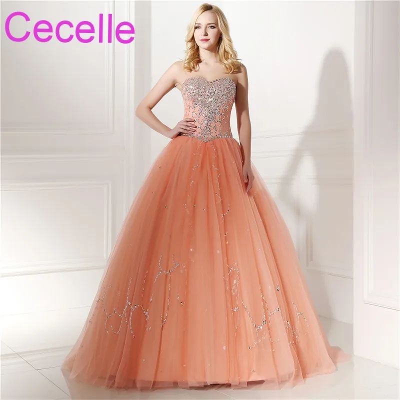 light orange ball gown prom dresses 2018 sweetheart beaded corset