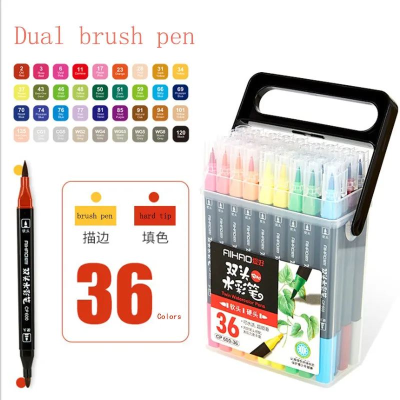 Billige Kunst Marker Stift Bunte Pinsel Stifte 12 18 24 36 Farben Box Doppel Köpfe Stationäre Für copic Schule Kunst Liefert