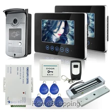 Envío de la Nueva 7 “Pantalla táctil de Color de Vídeo Timbre de La Puerta de Intercomunicación Teléfono + control de Acceso RFID 1camera 2 Monitores + EM Cerradura Al Por Mayor