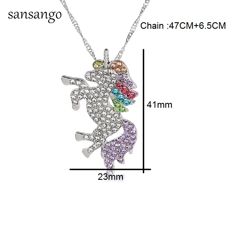 Модное серебристое милое яркое Кристальное ожерелье с подвеской в виде единорога для женщин, для детей, подарок на вечеринку, ювелирные изделия, регулируемый,, 1 шт