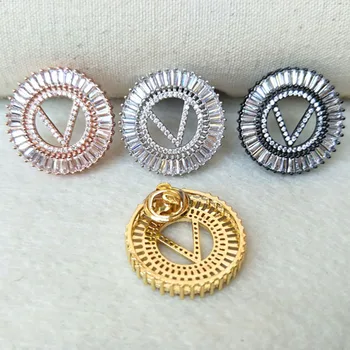 

4 Pcs Copper mirco pave cz zircon charms letter brooch,Chic circle charms big initials V jewelry Findings BR02