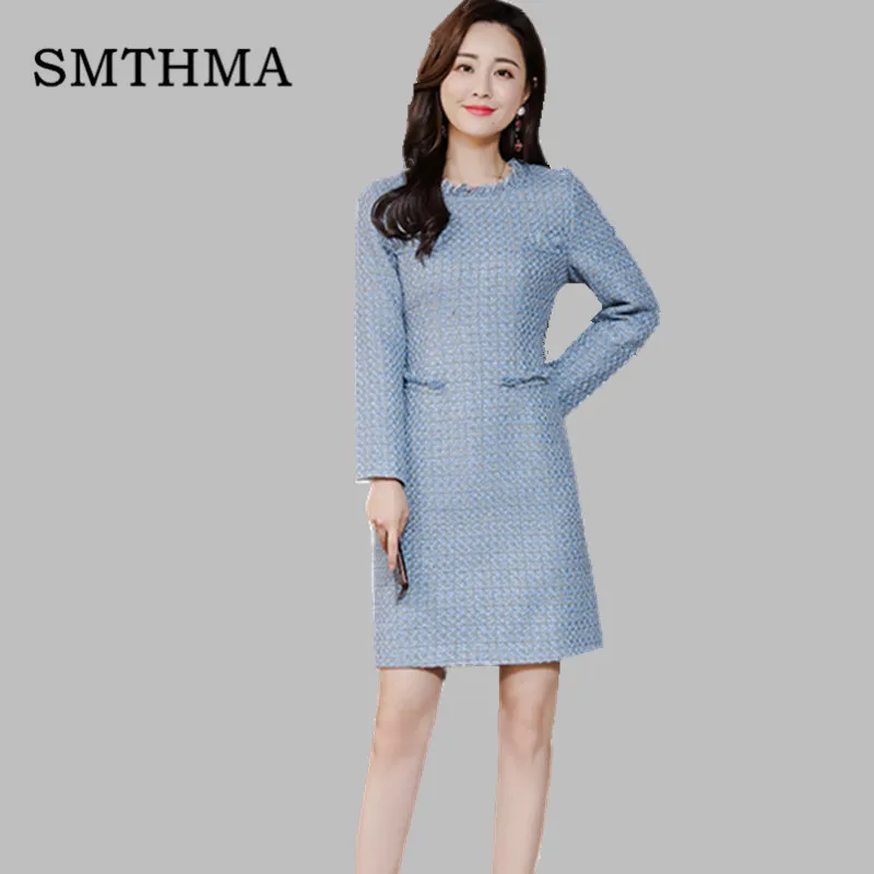 

2019 Autumn and winter fashion round neck Blue Tweed Dress Women Workwear Elegant Dresses Office Ladies Runway Tassel Dress
